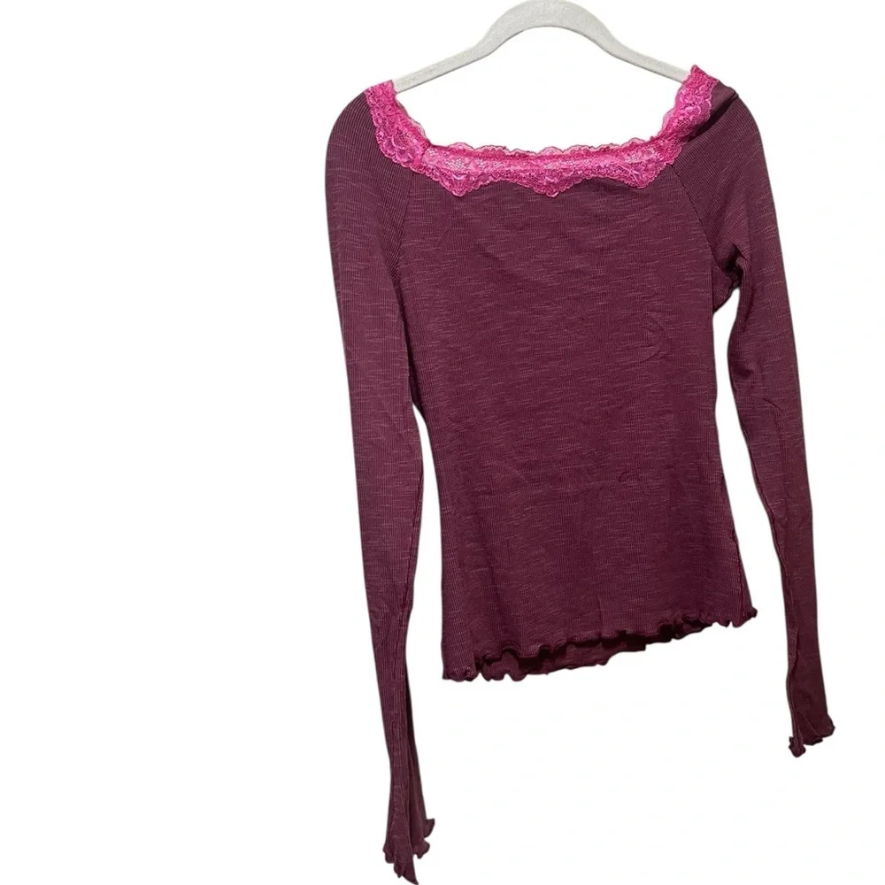 Free People Oh My Darling Purple Lace Trim Cottagecore Boho Shirt L NWT